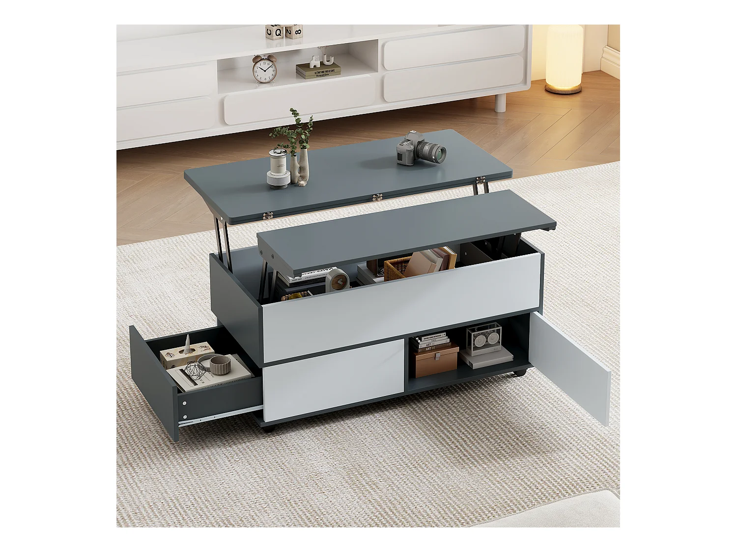 Höhenverstellbarer Couchtisch 100x98x65cm - mit Stauraum und Regalen - mit Rollen und 1 Schublade - grau und weiß