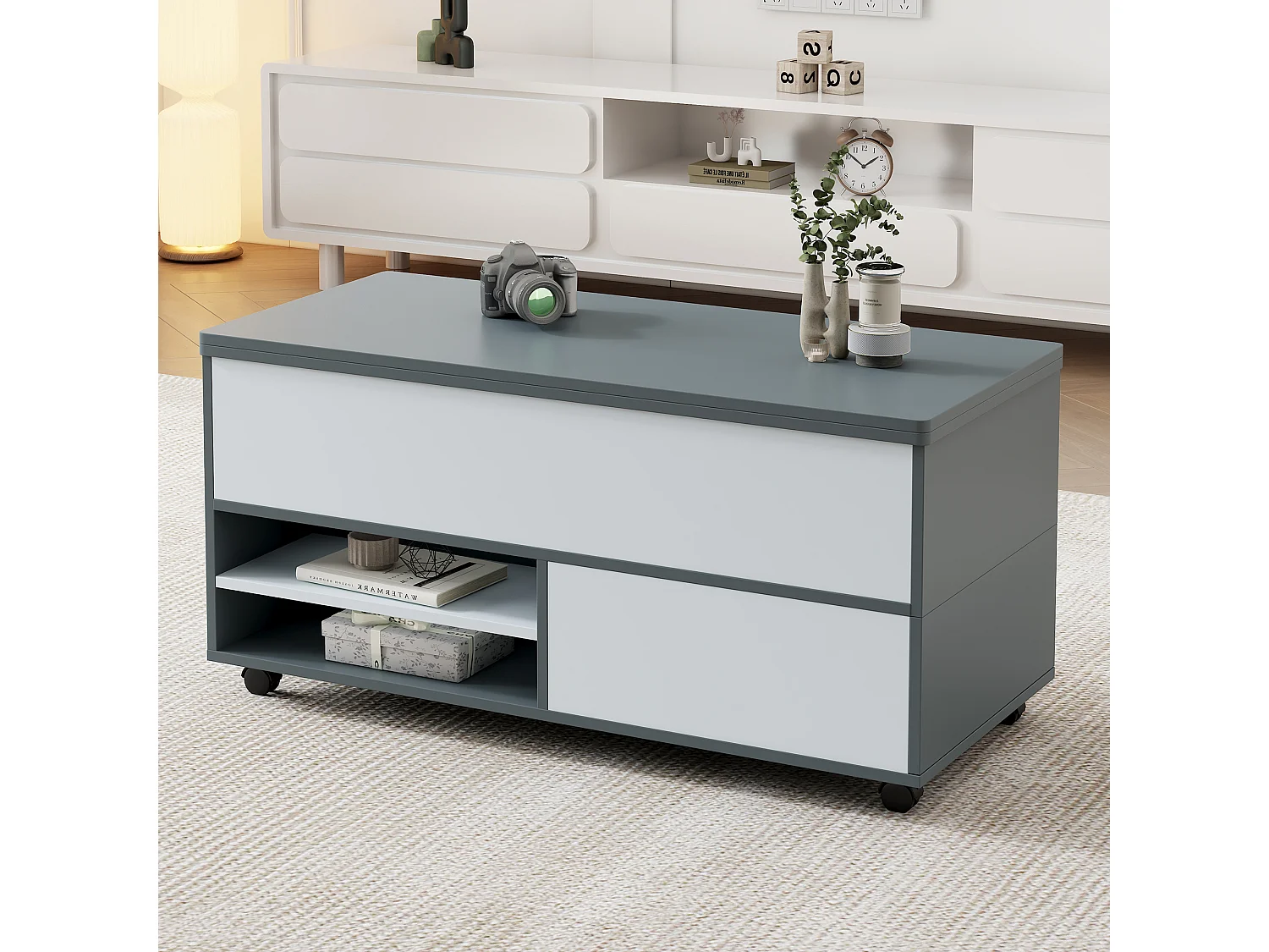 Tavolino regolabile 100x98x65cm - con spazio di archiviazione e mensole - con ruote e 1 cassetto - grigio e bianco