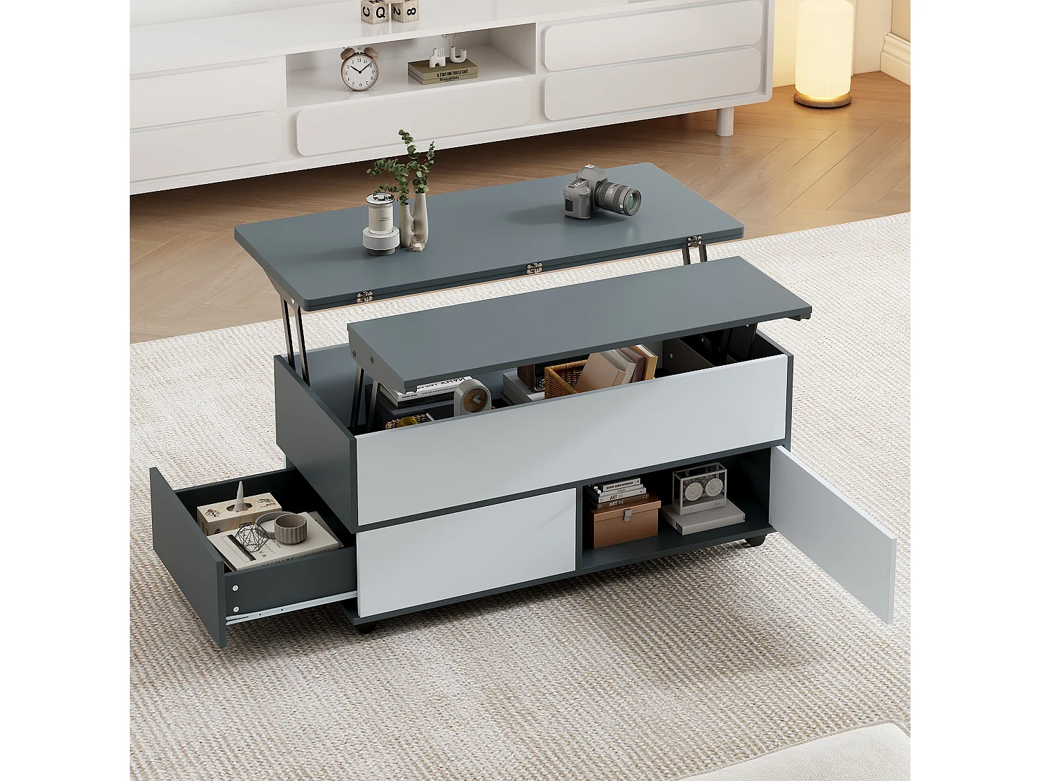 Tavolino regolabile 100x98x65cm - con spazio di archiviazione e mensole - con ruote e 1 cassetto - grigio e bianco