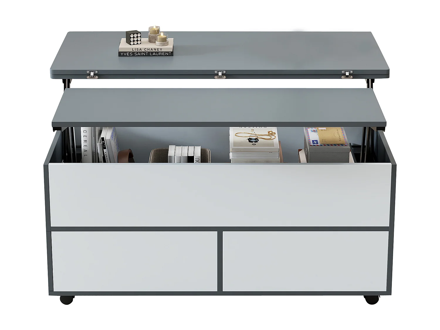 Tavolino regolabile 100x98x65cm - con spazio di archiviazione e mensole - con ruote e 1 cassetto - grigio e bianco