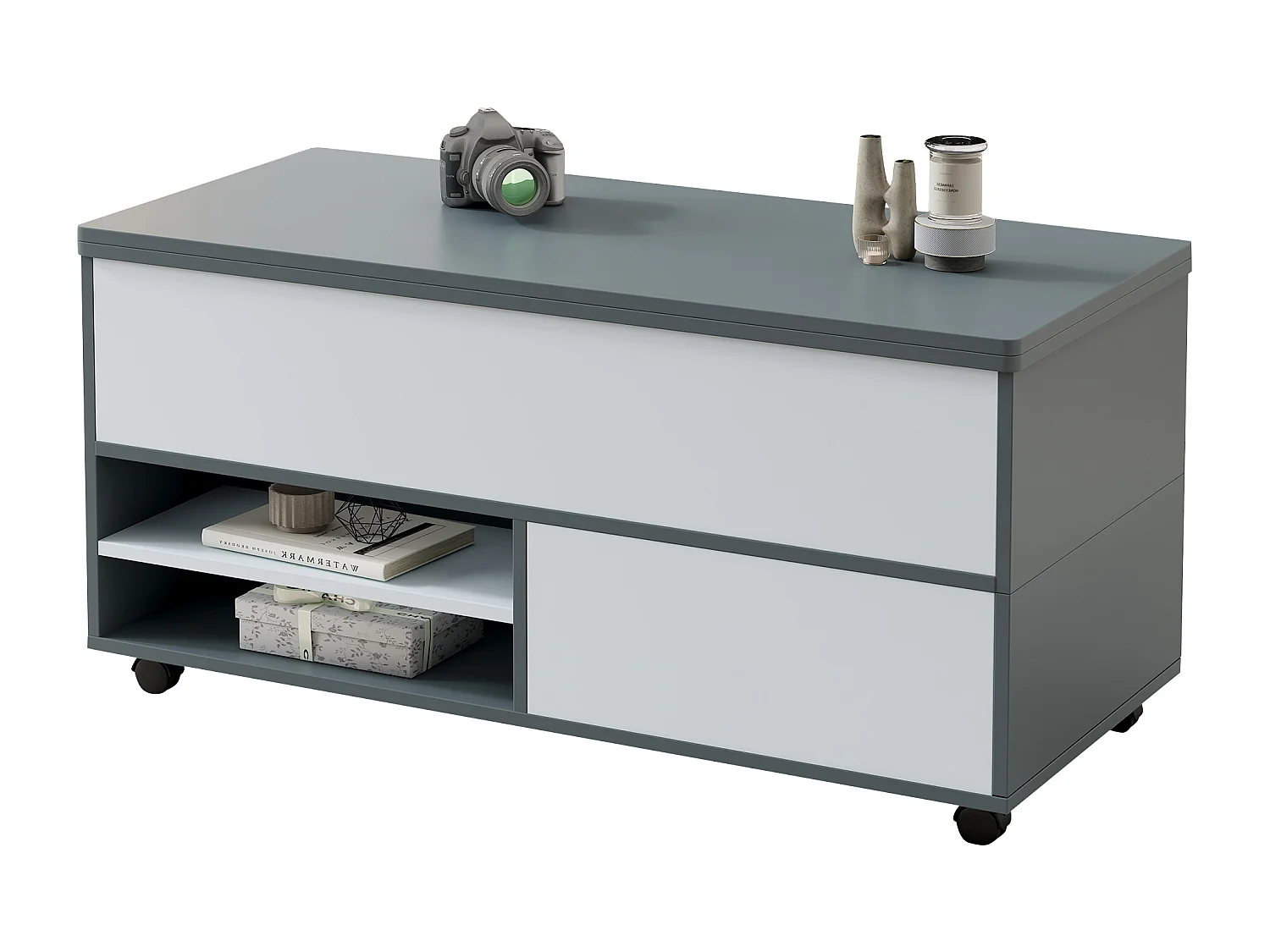 Tavolino regolabile 100x98x65cm - con spazio di archiviazione e mensole - con ruote e 1 cassetto - grigio e bianco