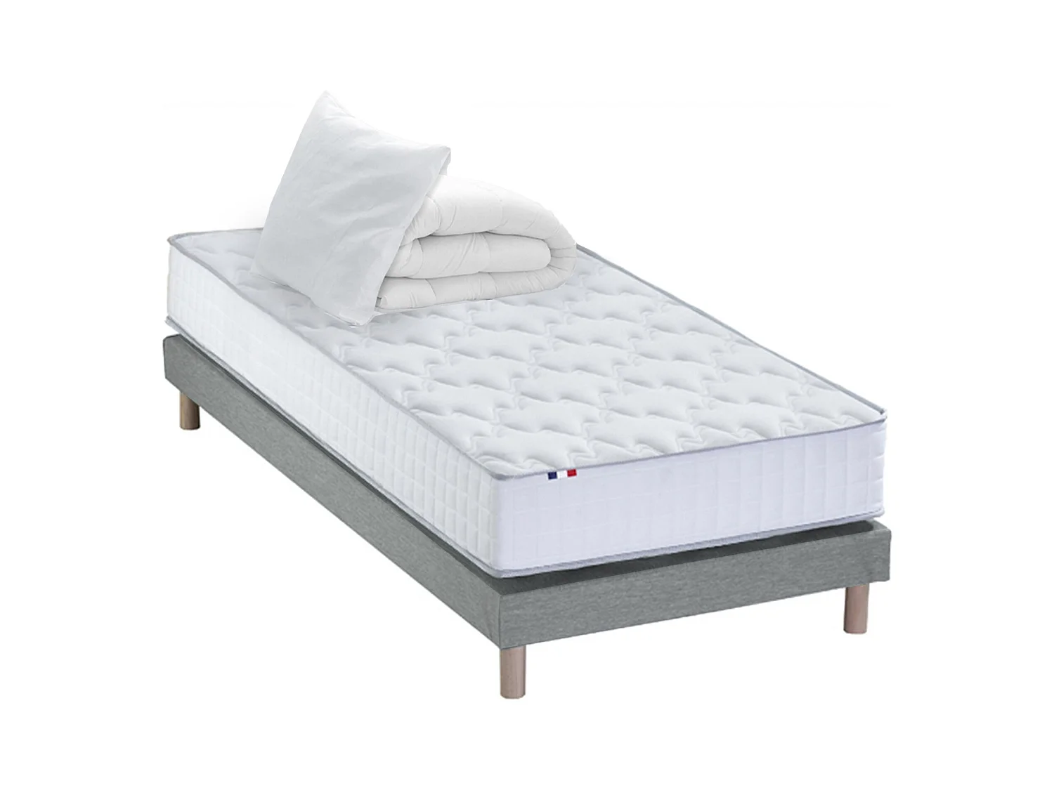 Pack matelas ressorts ASTRE, sommier, couette et oreillers français Dimensions - 90 x 200 cm, Sommier - Gris