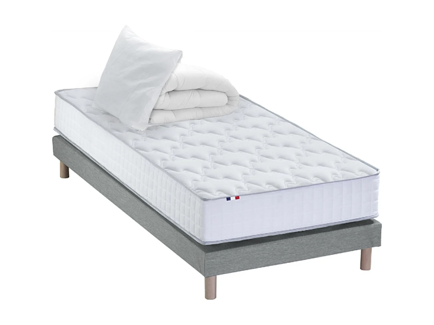 Pack matelas ressorts ASTRE, sommier, couette et oreillers français Dimensions - 90 x 200 cm, Sommier - Gris