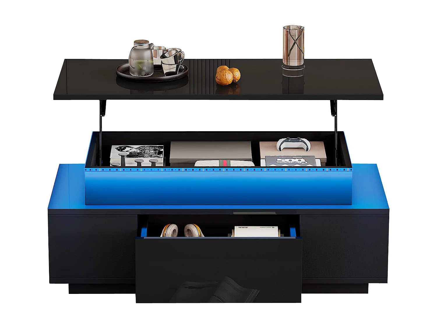 Table basse réglable en hauteur 96x45x40cm - avec rangement caché - avec 1 tiroir - avec éclairage LED - noir