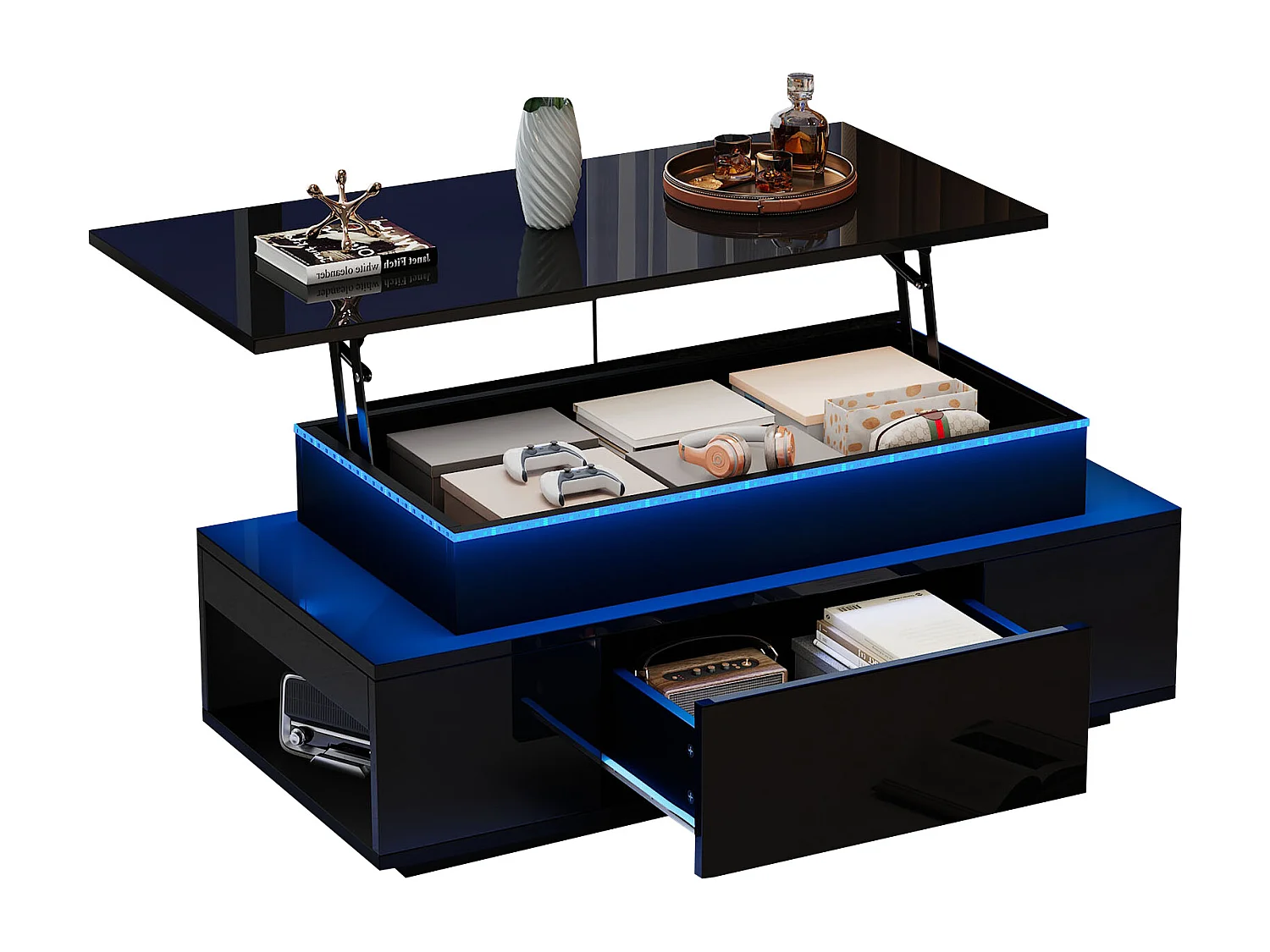 Table basse réglable en hauteur 96x45x40cm - avec rangement caché - avec 1 tiroir - avec éclairage LED - noir