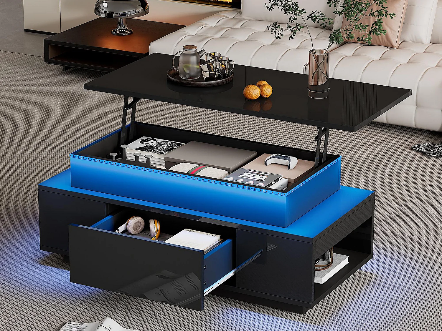 Höhenverstellbarer Couchtisch 96x45x40cm - mit verstecktem Stauraum - mit 1 Schublade - mit LED-Beleuchtung - schwarz