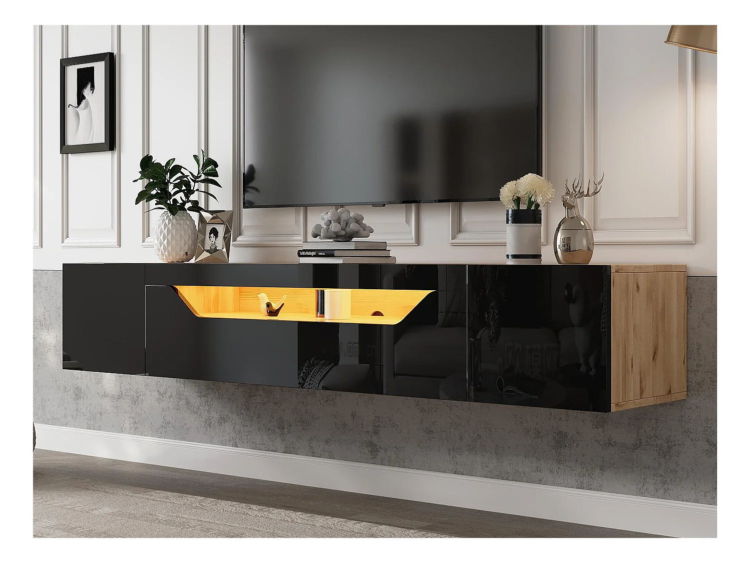 Meuble TV mural 180x37x36cm - avec 2 portes - avec éclairage LED - pour téléviseur 75" - noir et naturel