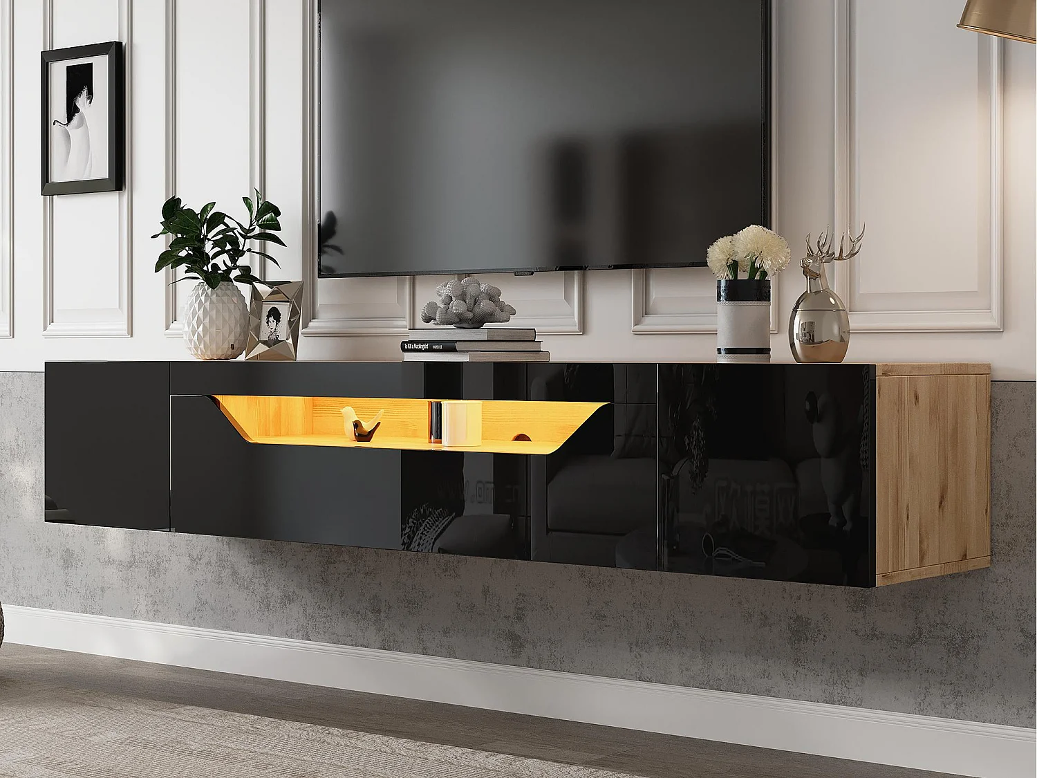 Wand-TV-meubel 180x37x36cm - met 2 deuren - met LED-verlichting - voor 75" televisie - zwart en natuurlijk