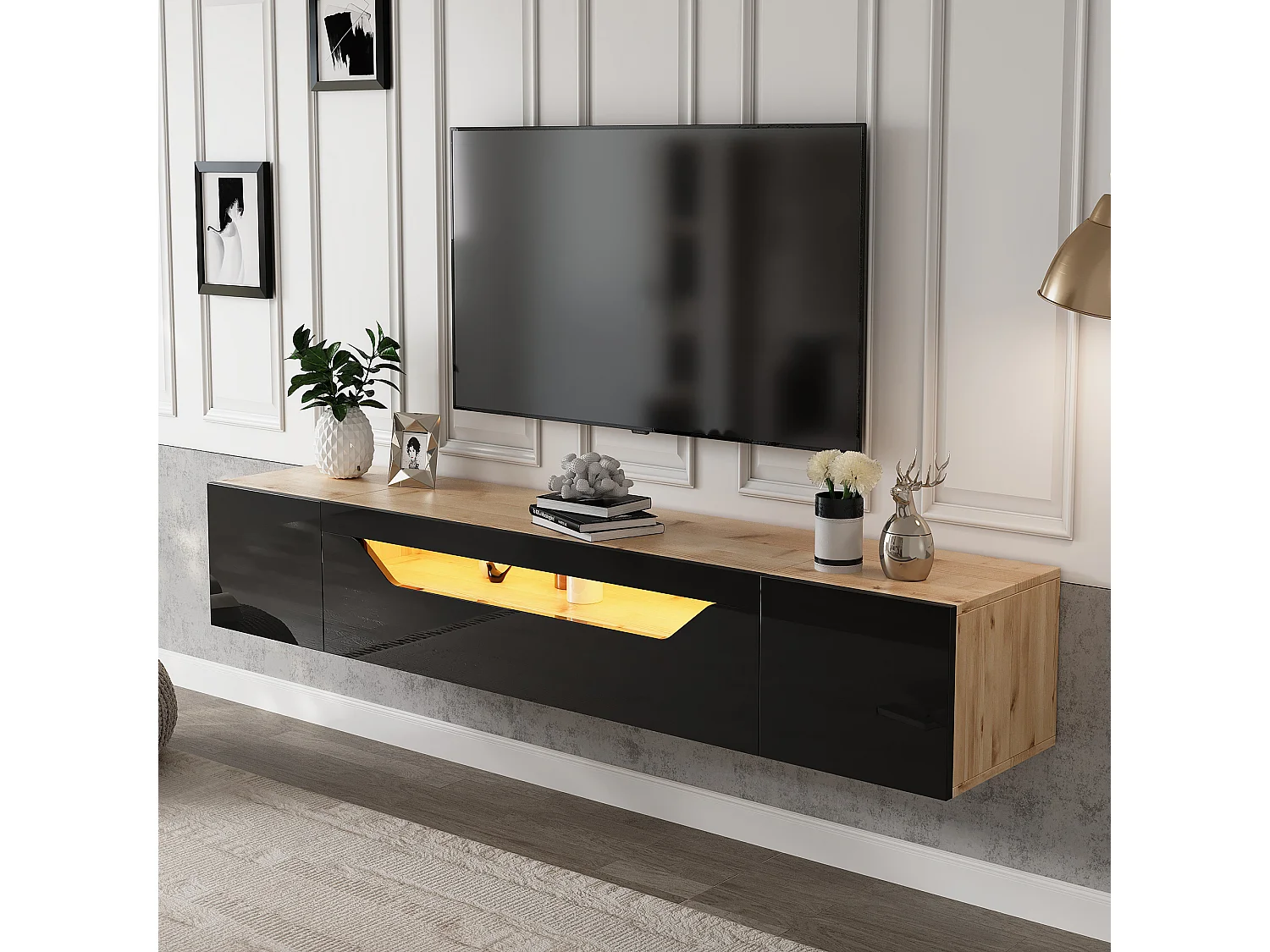 Wand-TV-meubel 180x37x36cm - met 2 deuren - met LED-verlichting - voor 75" televisie - zwart en natuurlijk