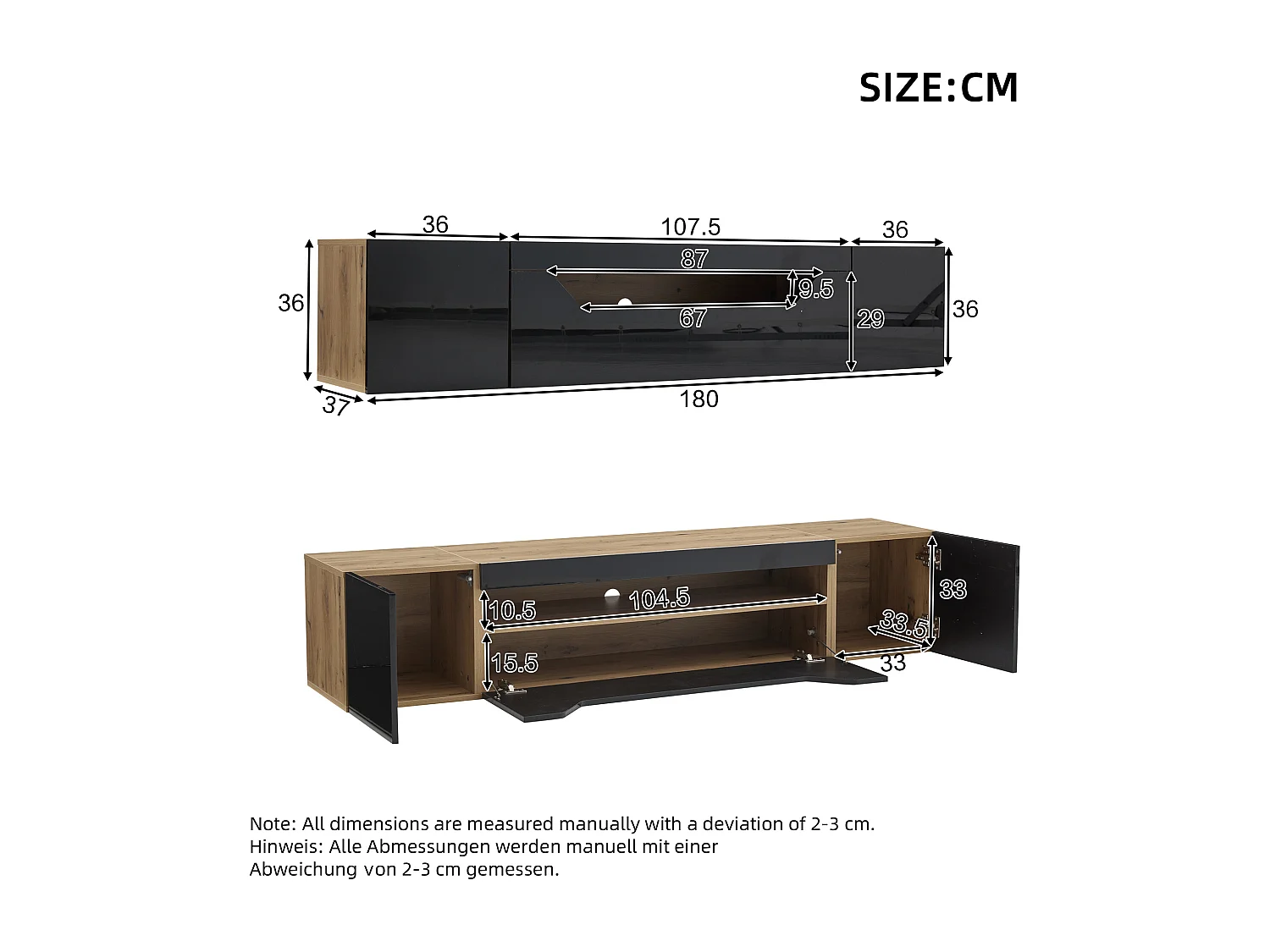 Wand-TV-meubel 180x37x36cm - met 2 deuren - met LED-verlichting - voor 75" televisie - zwart en natuurlijk