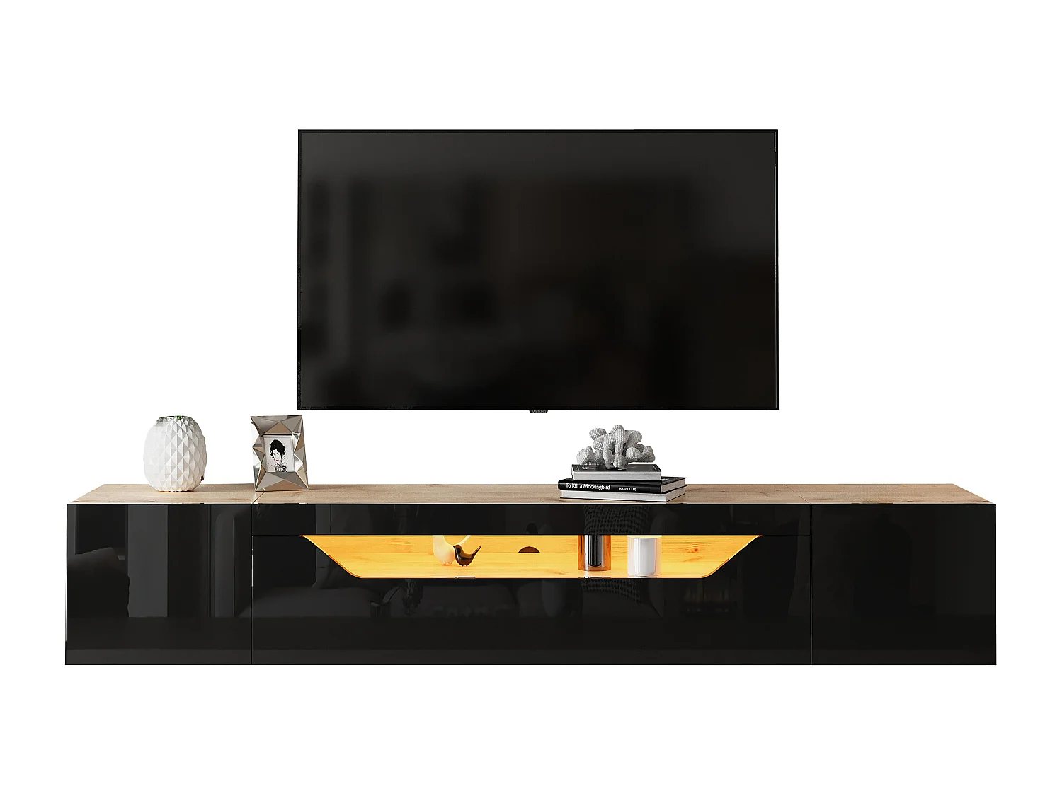 Wand-TV-meubel 180x37x36cm - met 2 deuren - met LED-verlichting - voor 75" televisie - zwart en natuurlijk