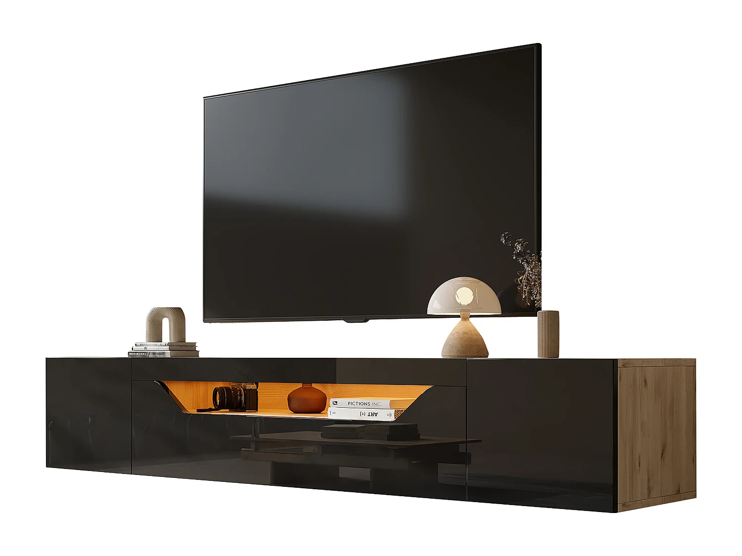 Wand-TV-meubel 180x37x36cm - met 2 deuren - met LED-verlichting - voor 75" televisie - zwart en natuurlijk