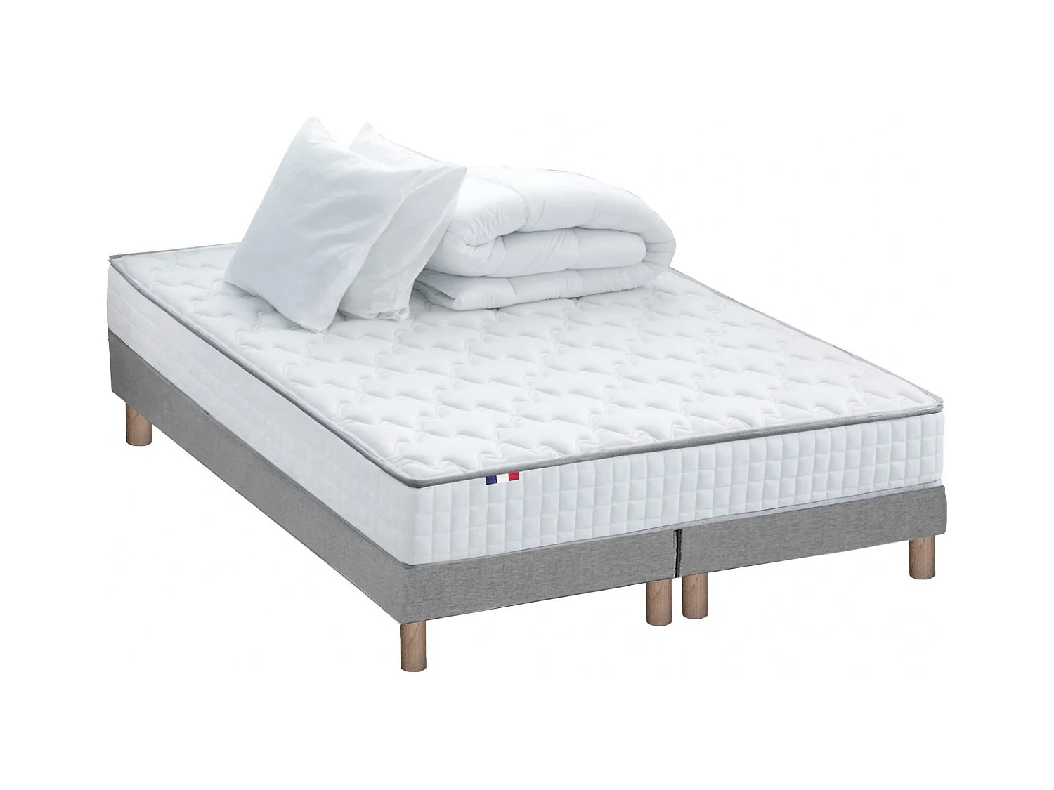 Pack matelas ressorts ASTRE, sommier, couette et oreillers français Dimensions - 2x80 x 200 cm, Sommier - Gris
