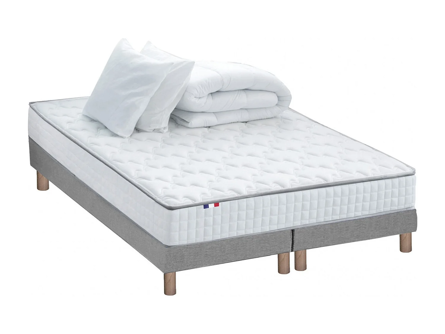 Pack matelas ressorts ASTRE, sommier, couette et oreillers français Dimensions - 2x80 x 200 cm, Sommier - Gris