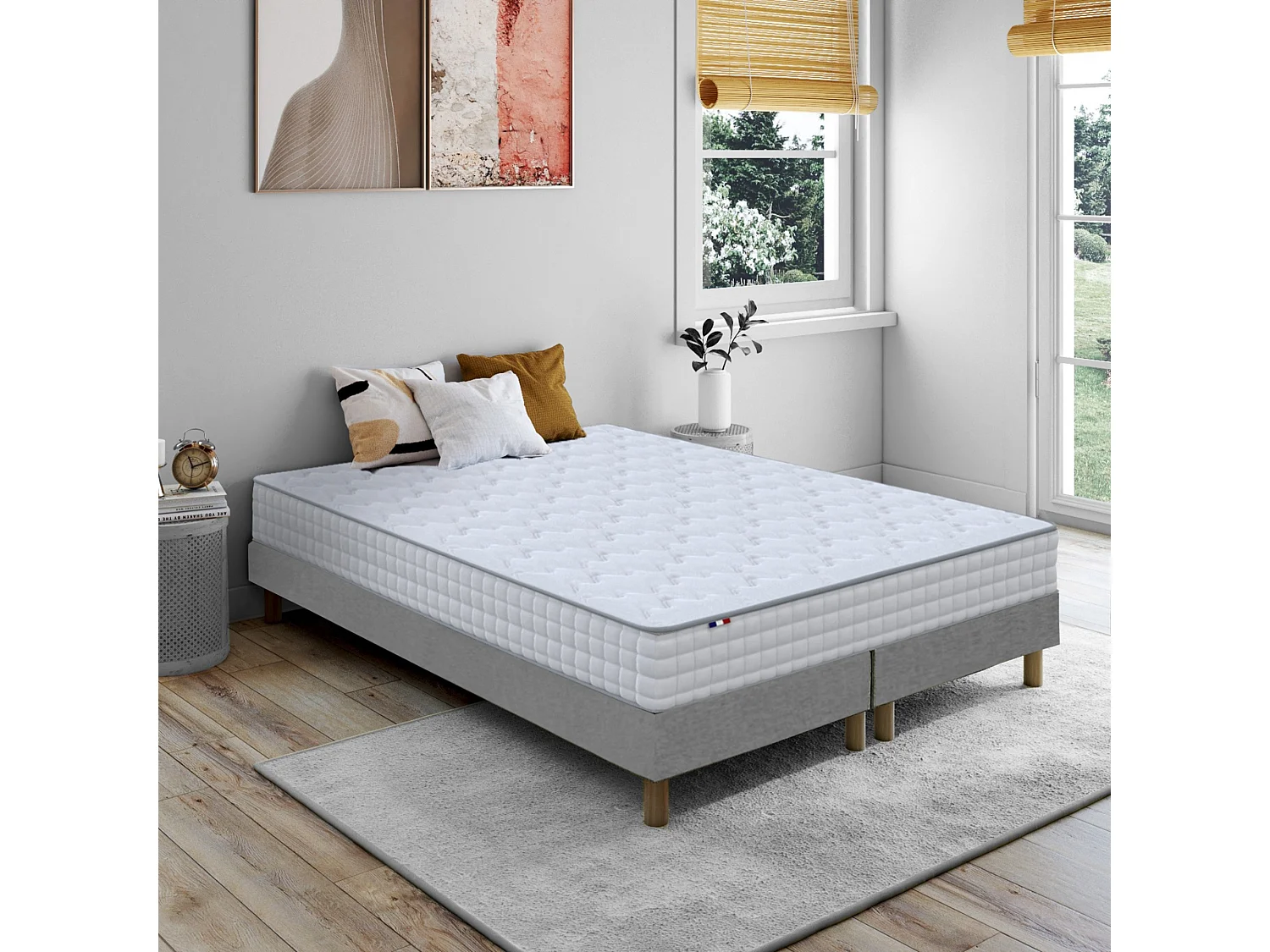 Pack matelas ressorts ASTRE, sommier, couette et oreillers français Dimensions - 2x80 x 200 cm, Sommier - Gris