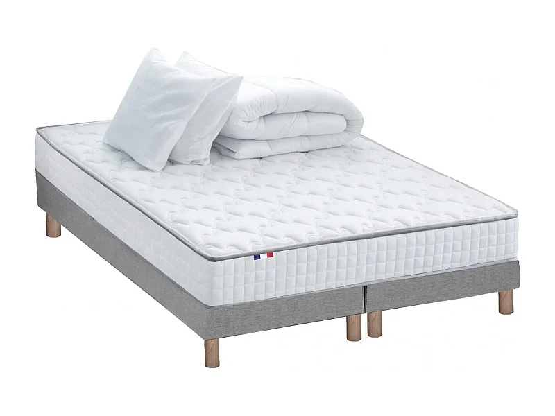 Pack matelas ressorts ASTRE, sommier, couette et oreillers français Dimensions - 2x80 x 200 cm, Sommier - Gris