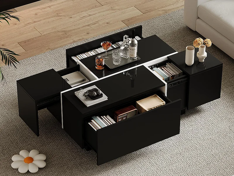 Modischer Couchtisch 100x60x40cm - glänzende Oberfläche - mit 4 Schubladen - schwarz