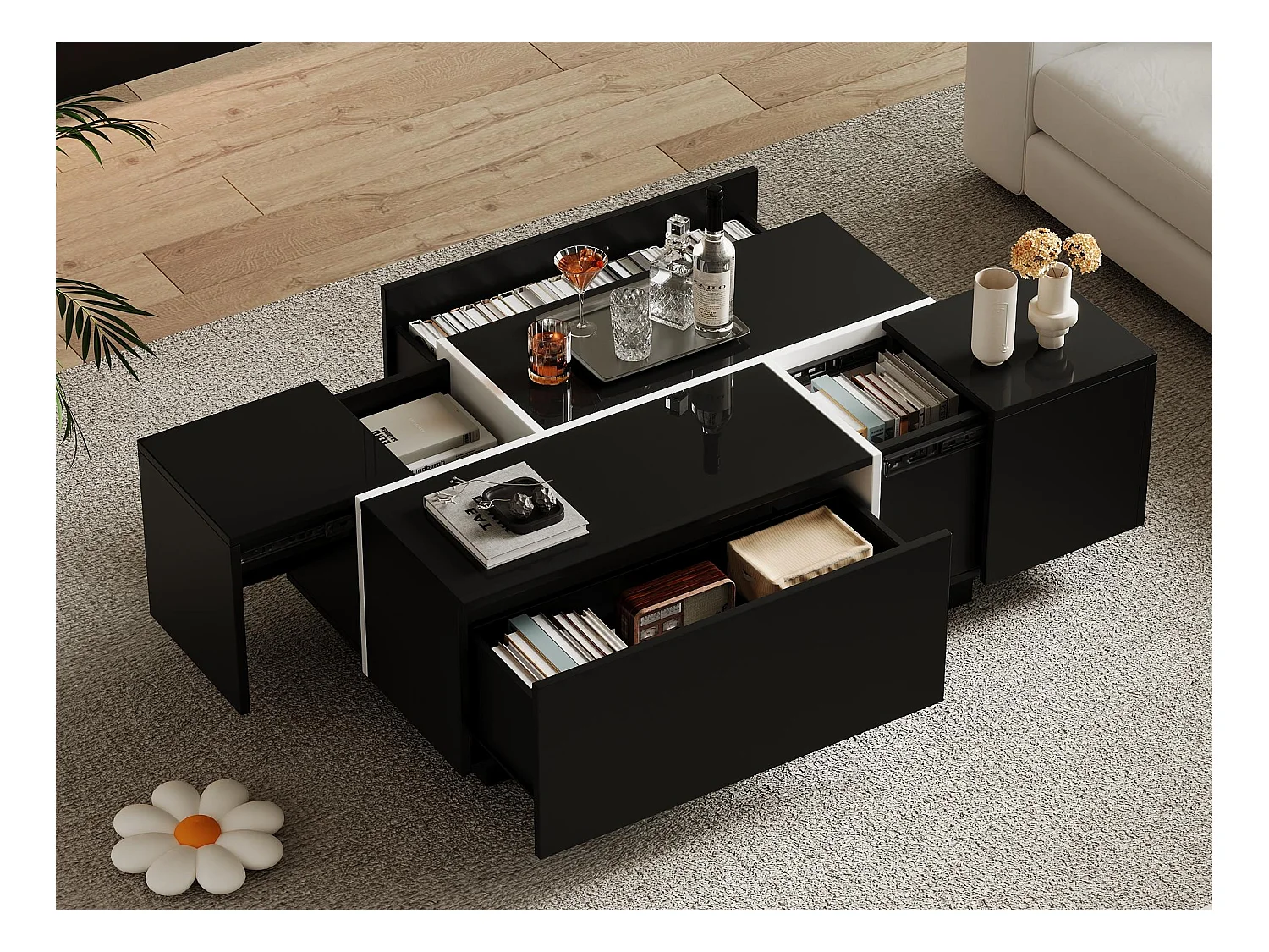 Table basse moderne 100x60x40cm - finition brillante - avec 4 tiroirs - noir