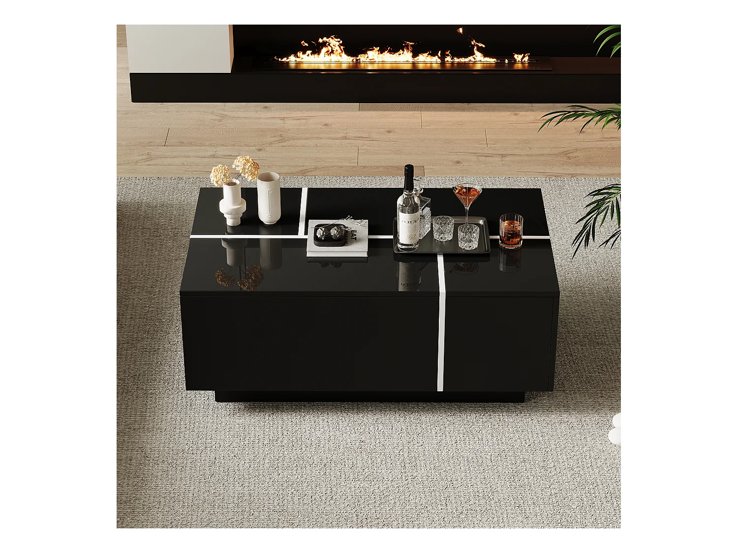 Table basse moderne 100x60x40cm - finition brillante - avec 4 tiroirs - noir