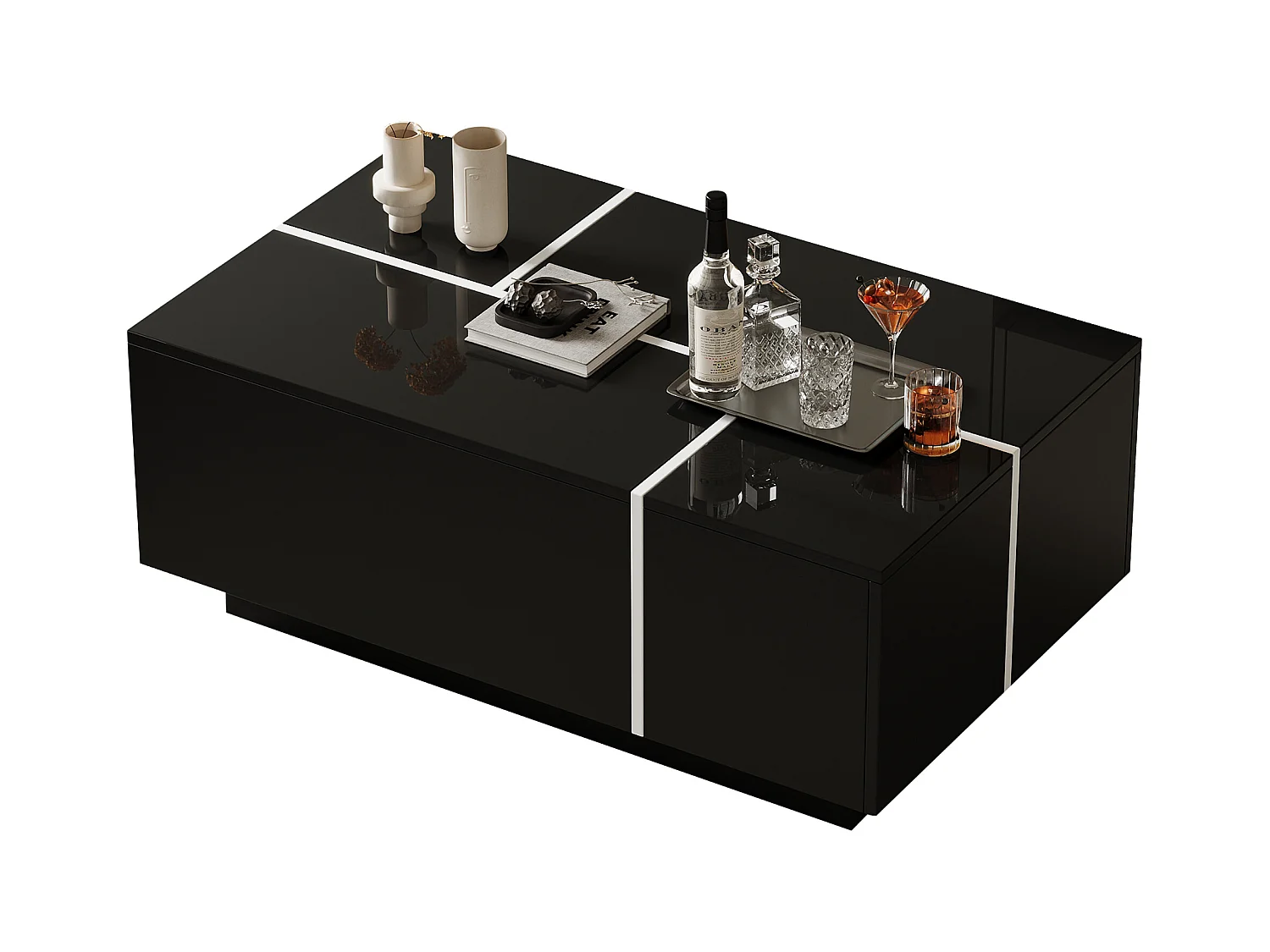 Table basse moderne 100x60x40cm - finition brillante - avec 4 tiroirs - noir