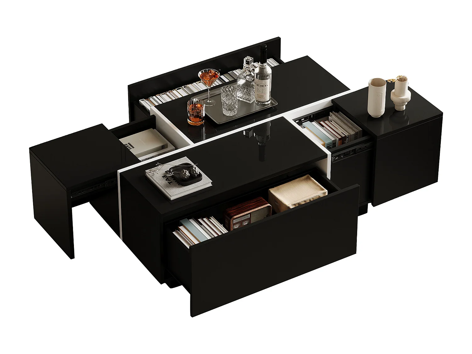 Tavolino moderno 100x60x40cm - finitura lucida - con 4 cassetti - nera