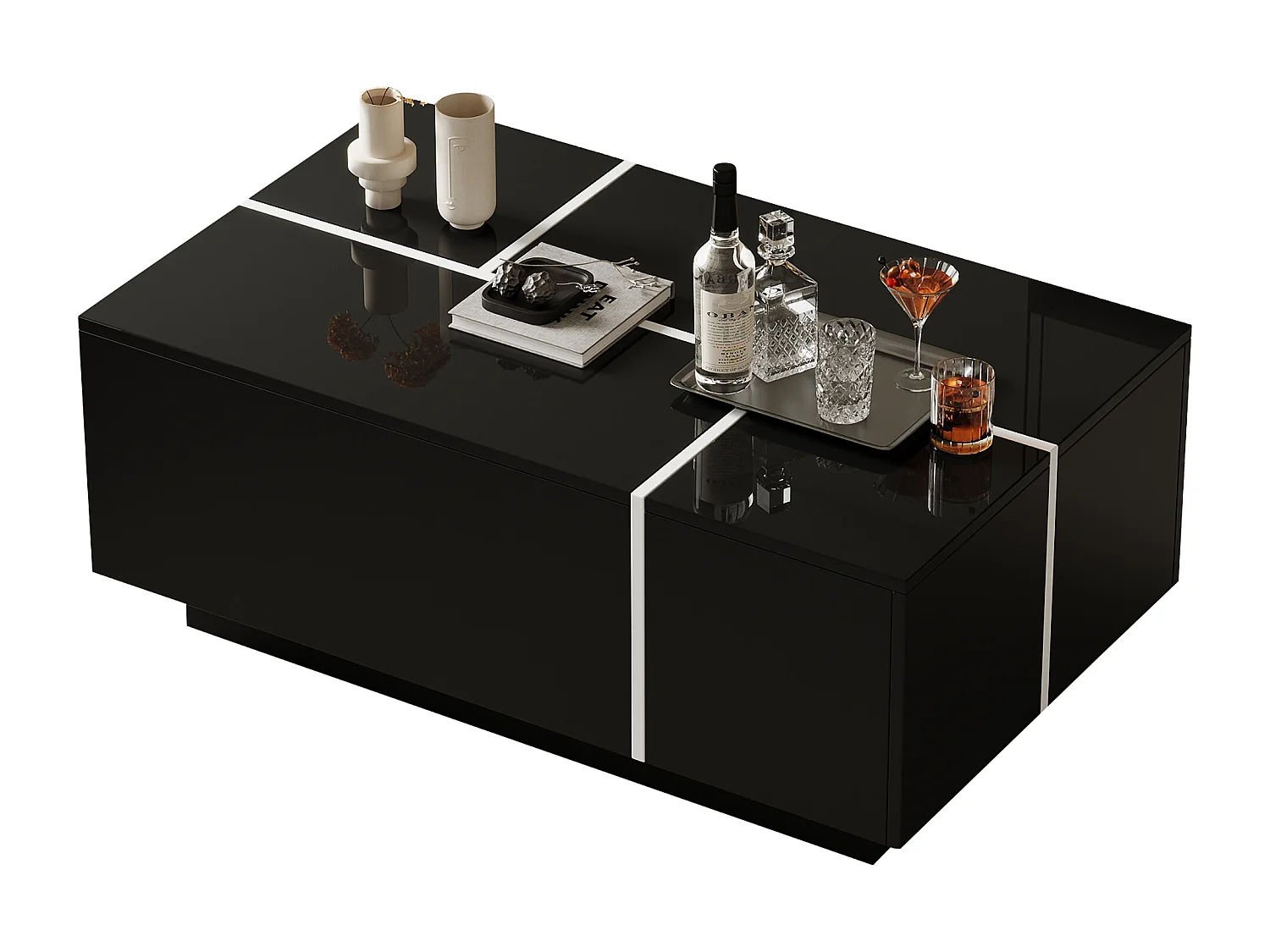 Tavolino moderno 100x60x40cm - finitura lucida - con 4 cassetti - nera