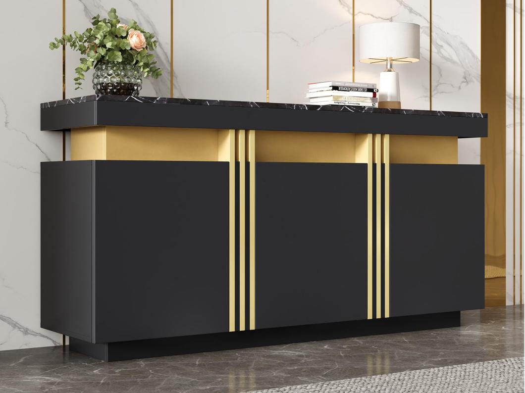 Buffet moderno 140x38x70 cm - 3 portas - Prateleiras ajustáveis - preto