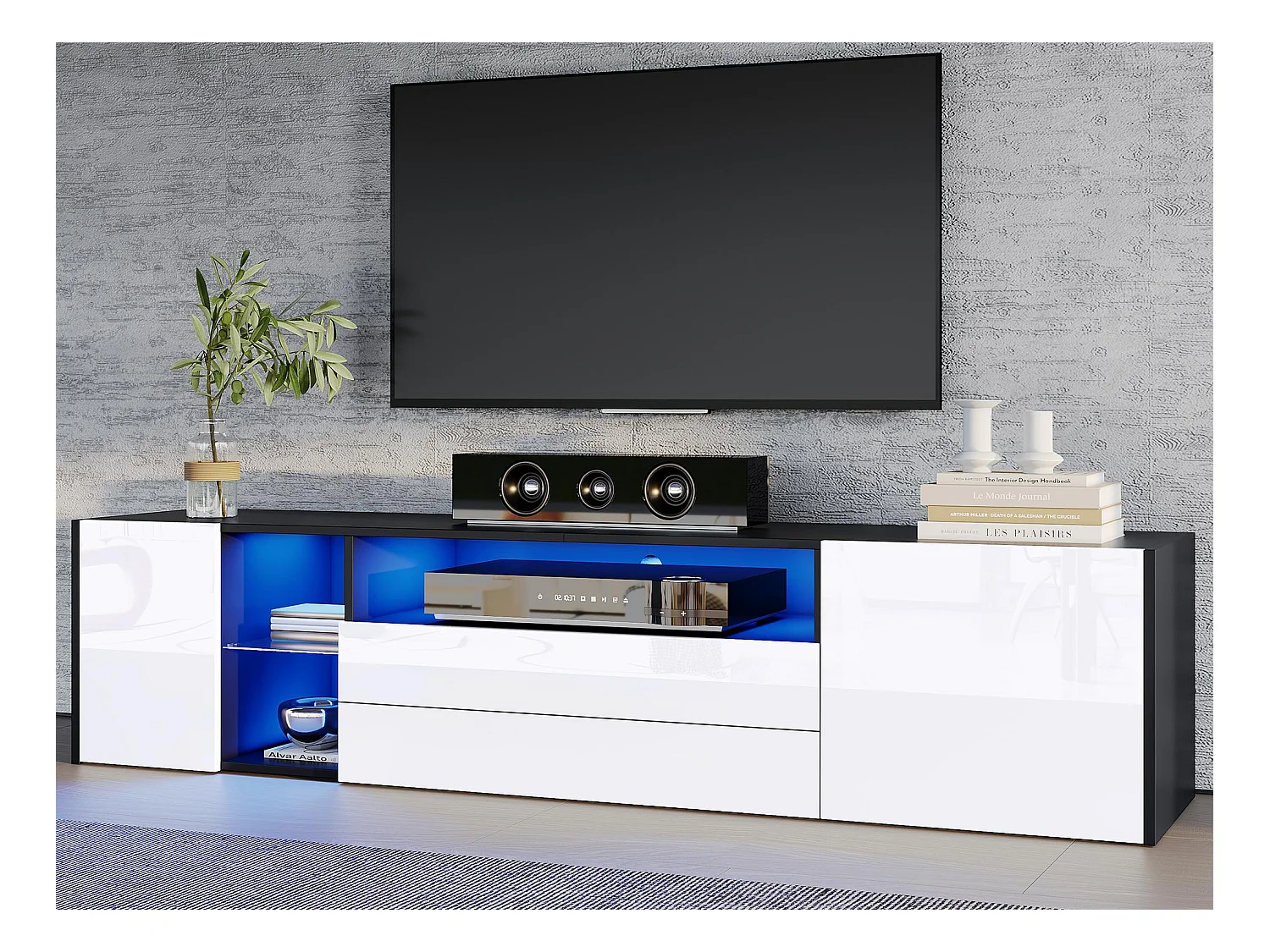 Meuble TV 180x40x45cm - bande lumineuse LED - avec 2 tiroirs et 2 portes - pour téléviseurs 75" - noir et blanc