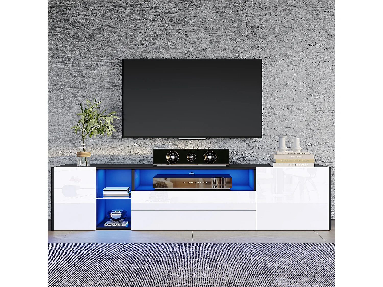 Meuble TV 180x40x45cm - bande lumineuse LED - avec 2 tiroirs et 2 portes - pour téléviseurs 75" - noir et blanc