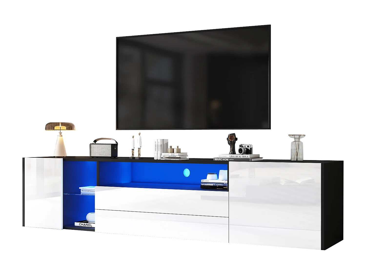 Meuble TV 180x40x45cm - bande lumineuse LED - avec 2 tiroirs et 2 portes - pour téléviseurs 75" - noir et blanc