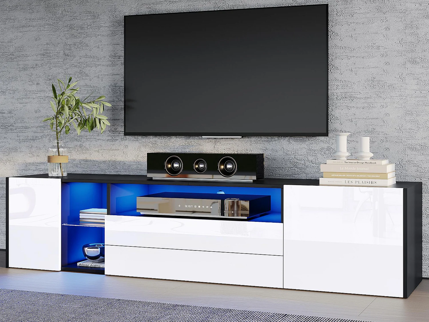 Meuble TV 180x40x45cm - bande lumineuse LED - avec 2 tiroirs et 2 portes - pour téléviseurs 75" - noir et blanc