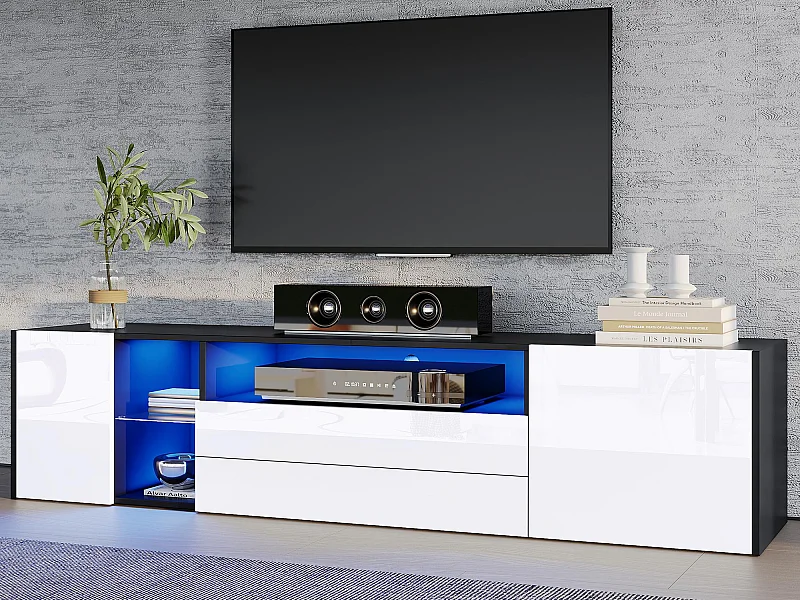 Meuble TV 180x40x45cm - bande lumineuse LED - avec 2 tiroirs et 2 portes - pour téléviseurs 75" - noir et blanc