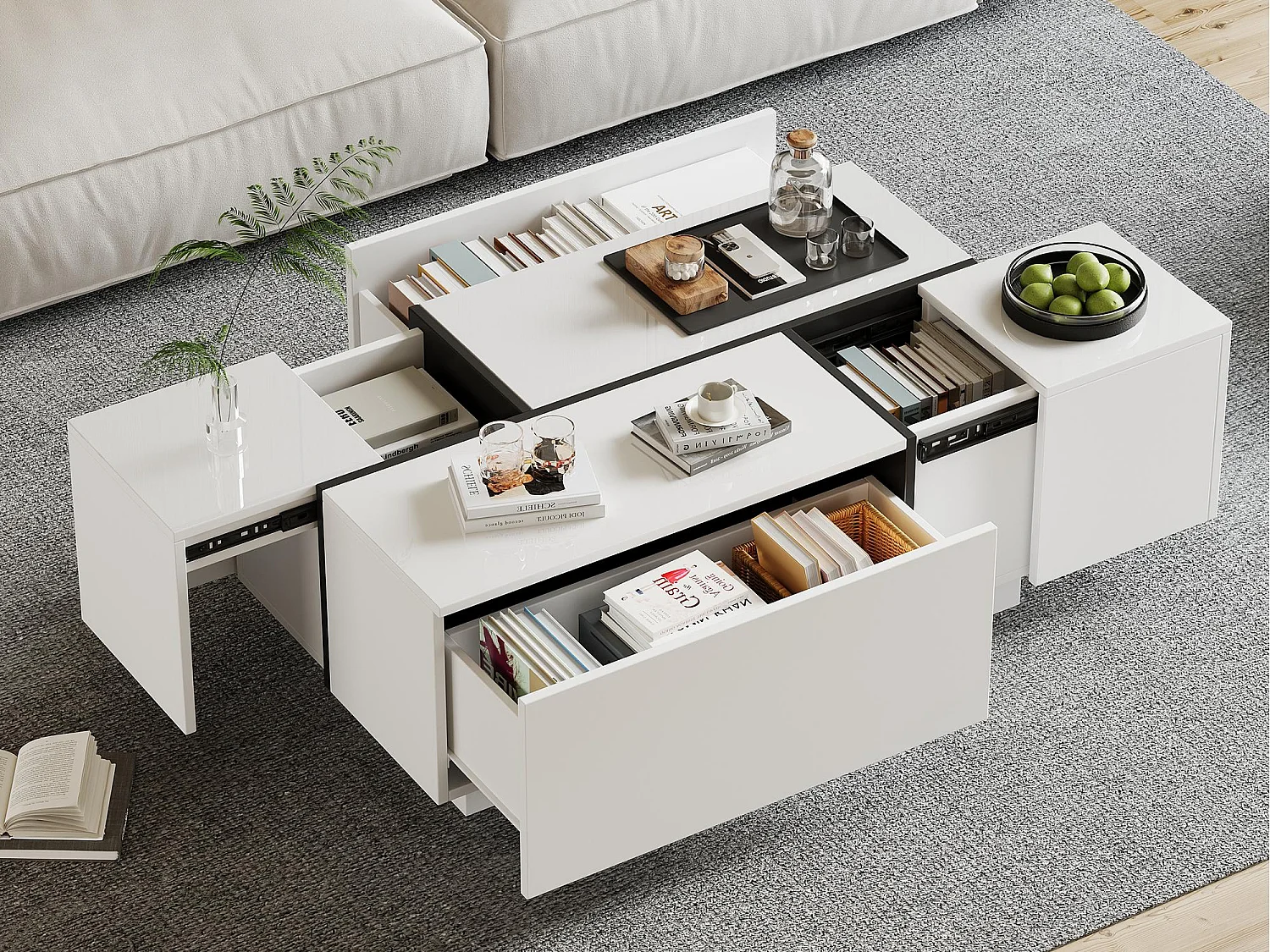 Modischer Couchtisch 100x60x40cm - glänzende Oberfläche - mit 4 Schubladen - weiß