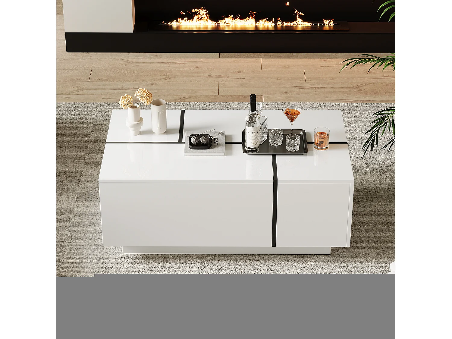 Modischer Couchtisch 100x60x40cm - glänzende Oberfläche - mit 4 Schubladen - weiß