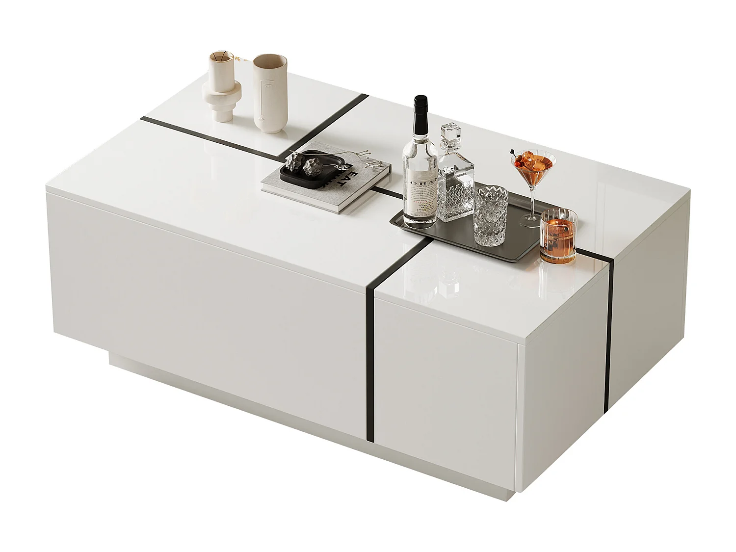 Modischer Couchtisch 100x60x40cm - glänzende Oberfläche - mit 4 Schubladen - weiß