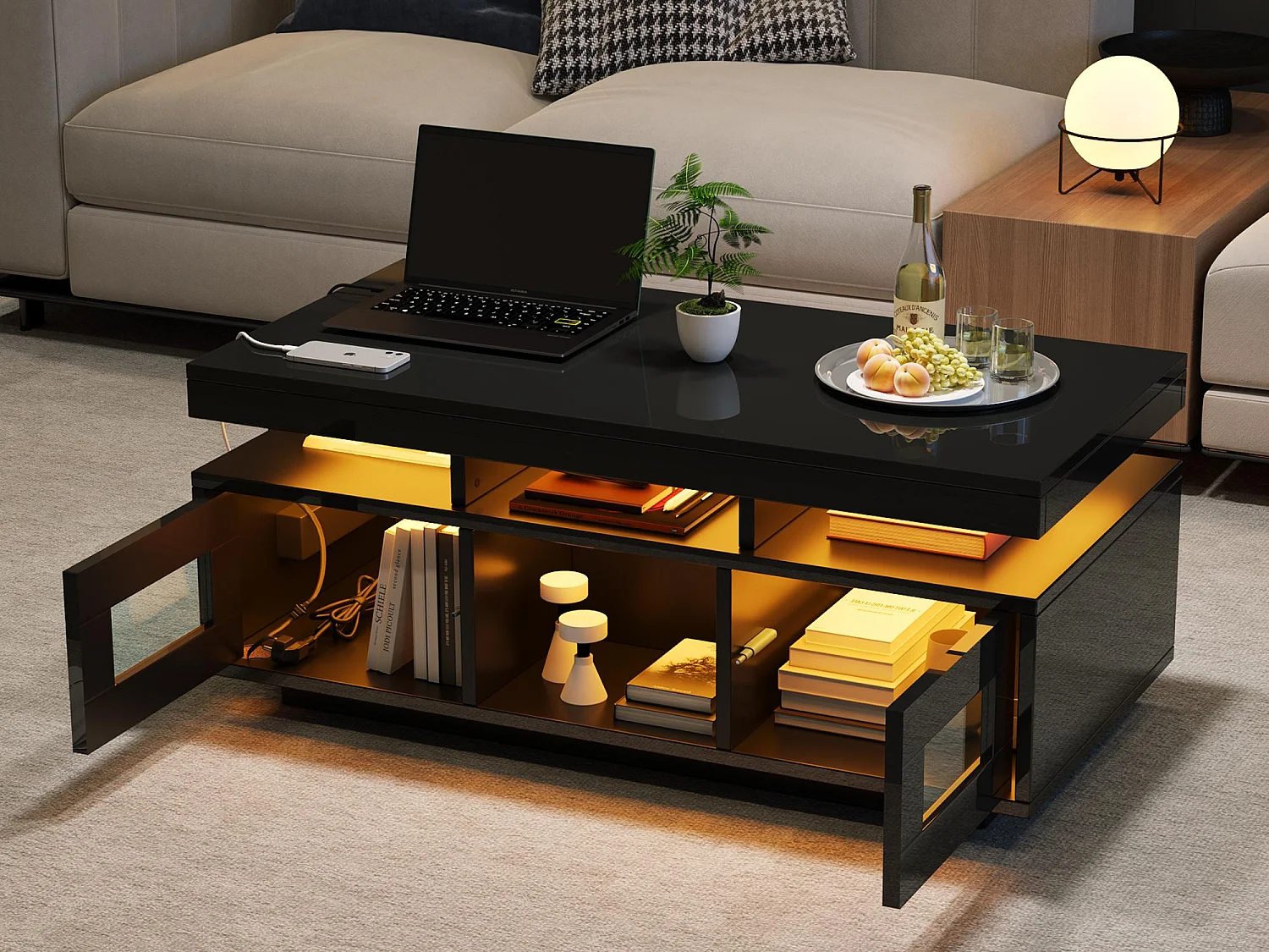 Table basse haute brillance 100x50x43cm - avec 2 portes - éclairage LED – avec port de charge et prise – Noir