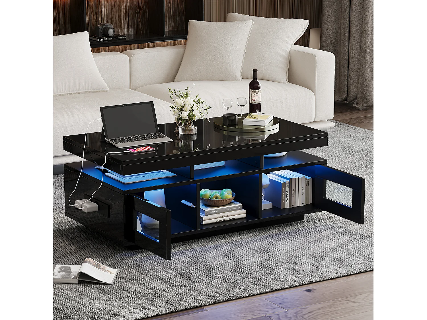 Table basse haute brillance 100x50x43cm - avec 2 portes - éclairage LED – avec port de charge et prise – Noir