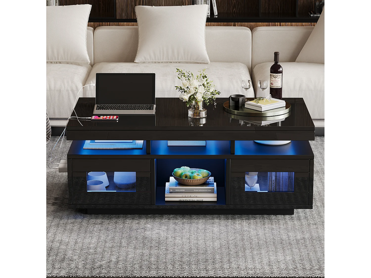 Table basse haute brillance 100x50x43cm - avec 2 portes - éclairage LED – avec port de charge et prise – Noir
