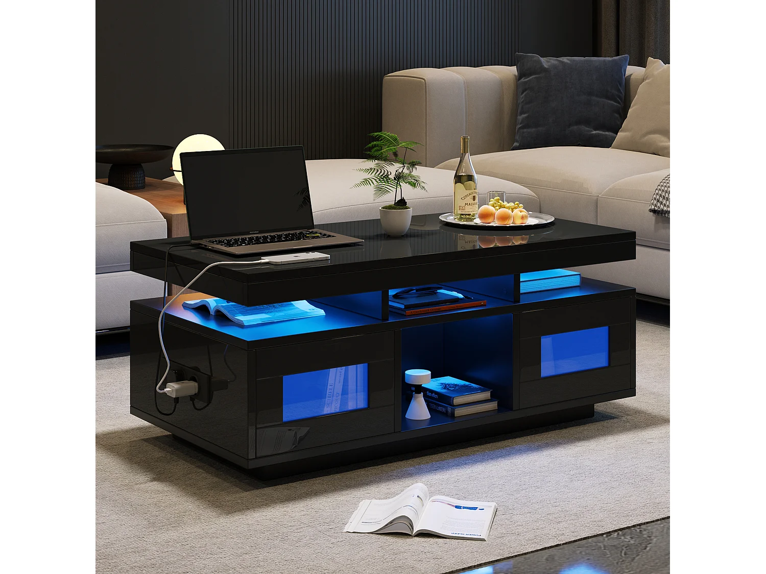 Table basse haute brillance 100x50x43cm - avec 2 portes - éclairage LED – avec port de charge et prise – Noir