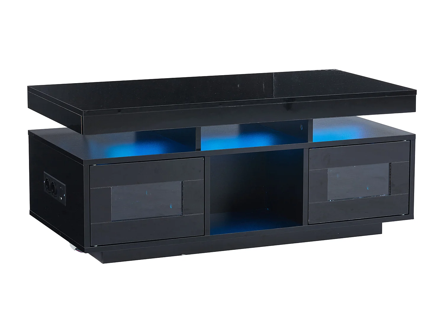 Table basse haute brillance 100x50x43cm - avec 2 portes - éclairage LED – avec port de charge et prise – Noir