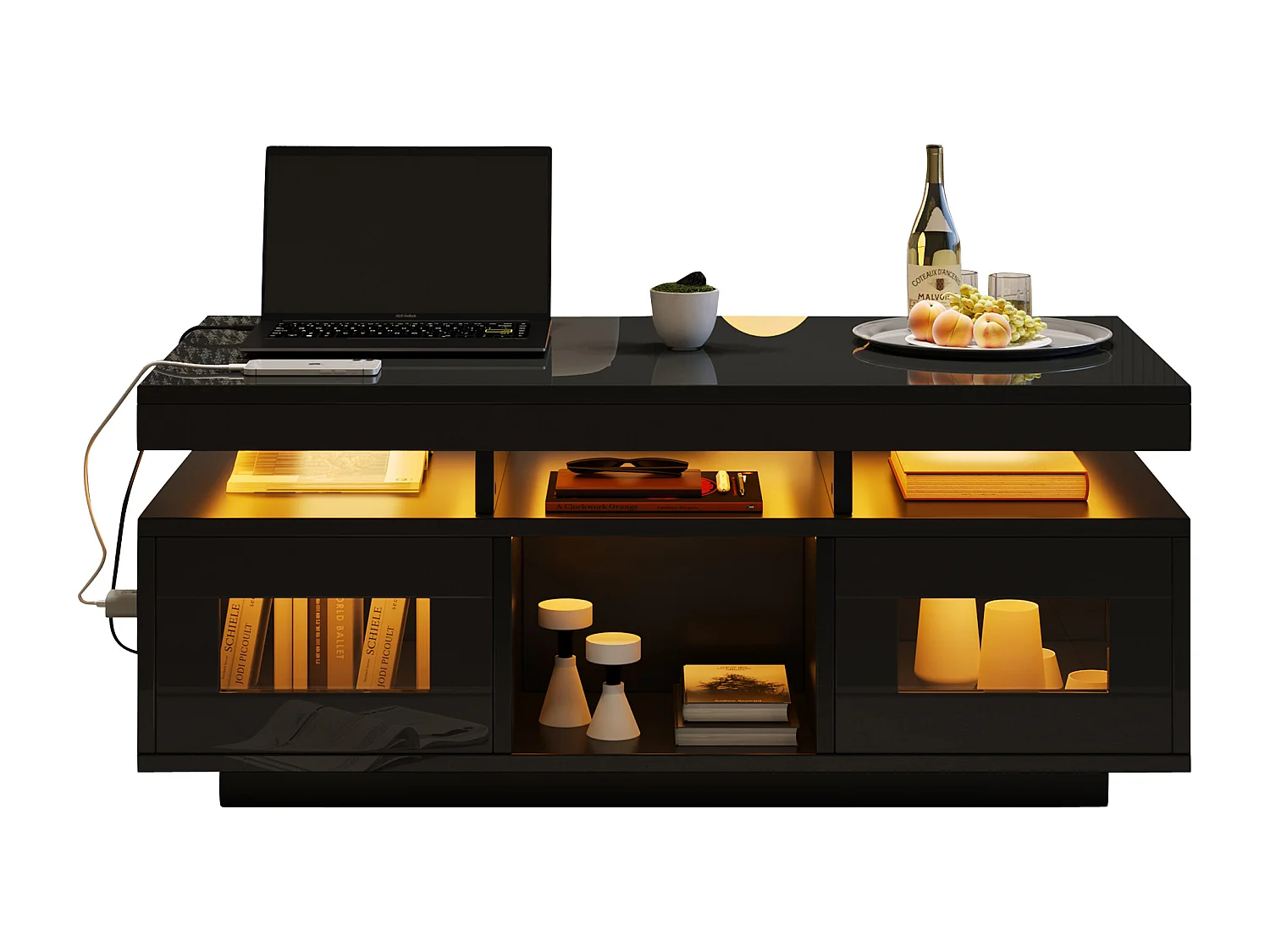 Table basse haute brillance 100x50x43cm - avec 2 portes - éclairage LED – avec port de charge et prise – Noir