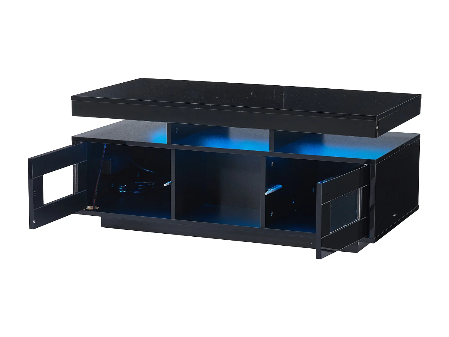 Table basse haute brillance 100x50x43cm - avec 2 portes - éclairage LED – avec port de charge et prise – Noir