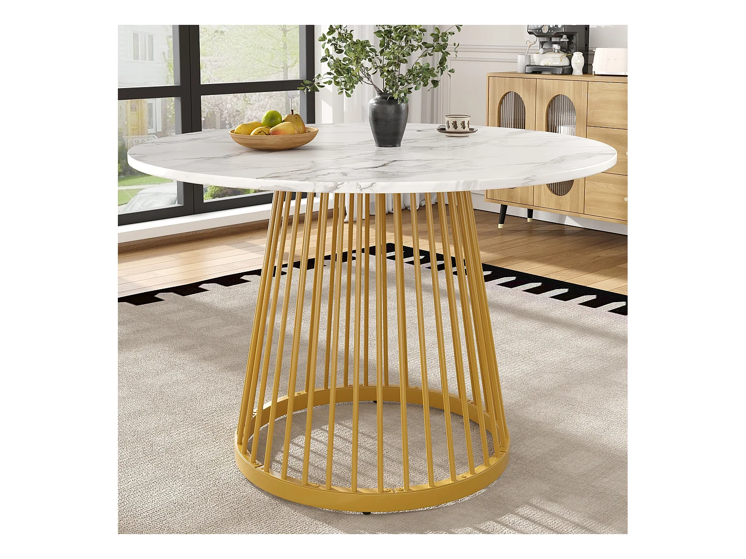 Table à manger de salon 80x80x76 cm, Table à manger ronde avec plateau en MDF marbré, pieds en métal doré