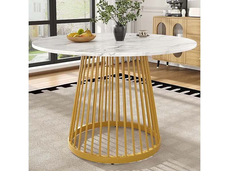 Eettafel 80x80x76 cm, ronde eettafel met marmeren MDF-blad, gouden metalen poten