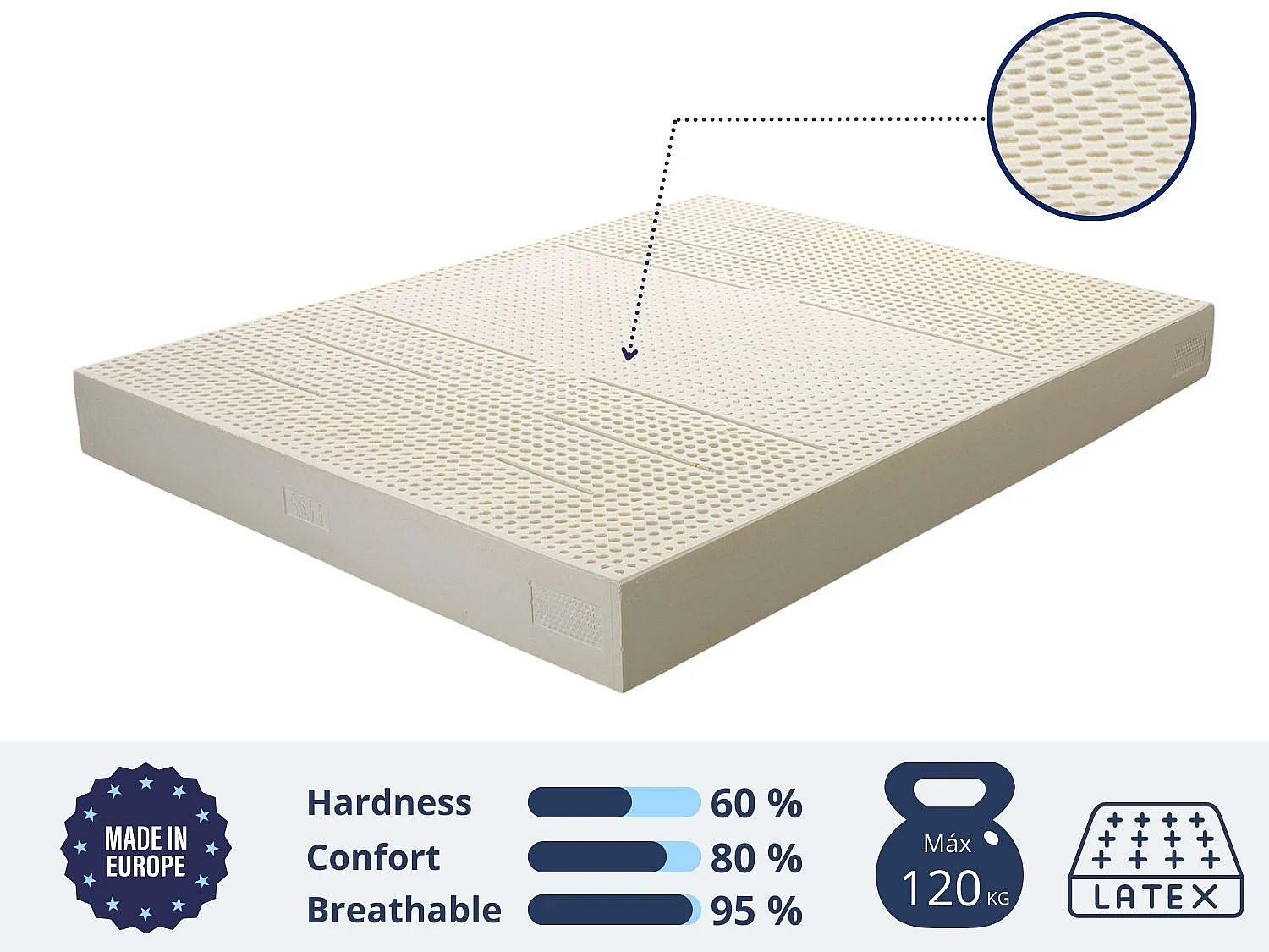 Matelas 135x200 cm – 100% Latex Naturel | Hauteur 20 cm | Fermeté Moyenne (3/5) | Noyau Écologique avec Housse Coton & Lin