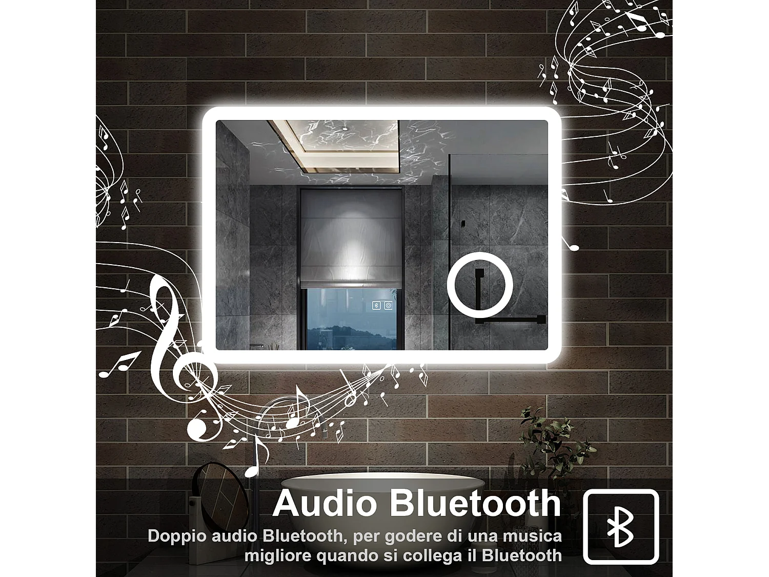 100 x 60 cm,AICA Specchio da Bagno LED con Luce, 3 Colori Regolabili,Blue tooth, Ingrandimento,memoria, antiappannamento,CRI>90,autospegnimento