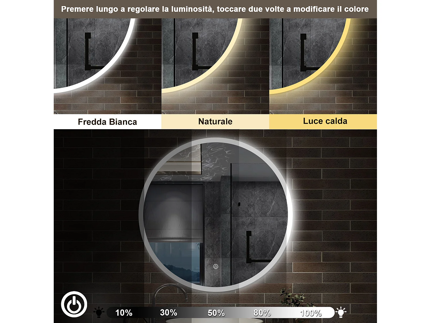 60 x 60 cm,AICA Specchio da Bagno LED con Luce, 3 Colori Regolabili,memoria, antiappannamento,CRI>90,autospegnimento
