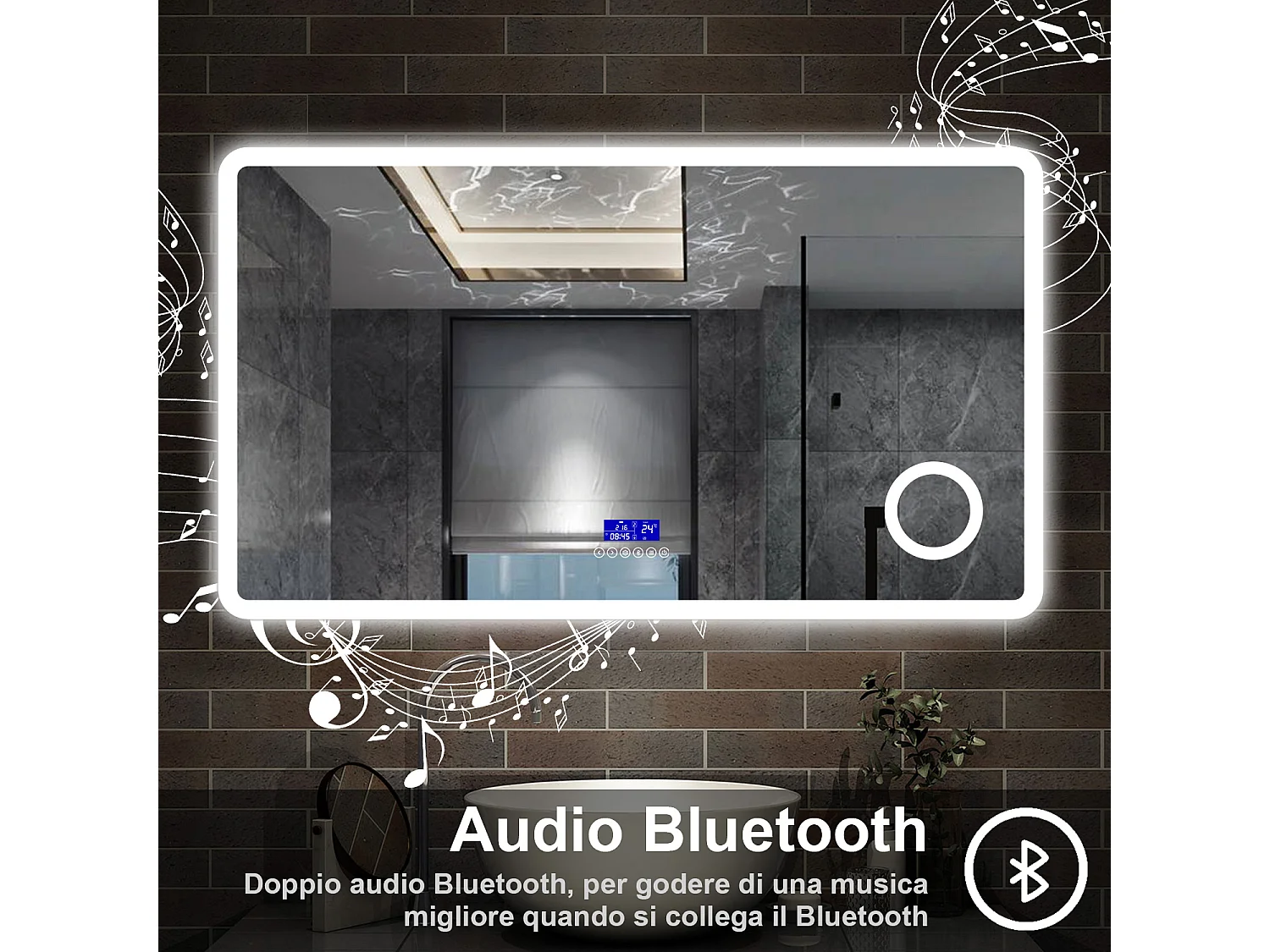 120 x 70 cm,AICA Specchio da Bagno LED con Luce, 3 Colori Regolabili,Blue tooth, Ingrandimento, orologio,memoria, antiappannamento,CRI>90,autospegnimento