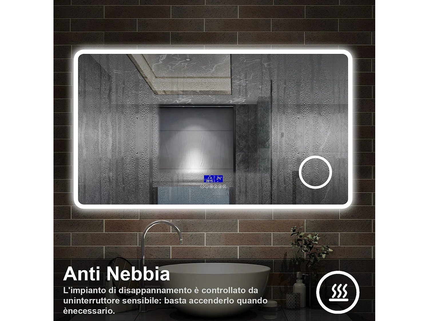 120 x 70 cm,AICA Specchio da Bagno LED con Luce, 3 Colori Regolabili,Blue tooth, Ingrandimento, orologio,memoria, antiappannamento,CRI>90,autospegnimento