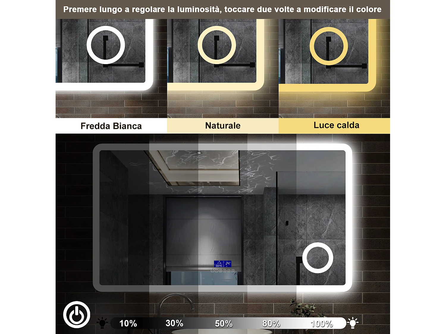 120 x 70 cm,AICA Specchio da Bagno LED con Luce, 3 Colori Regolabili,Blue tooth, Ingrandimento, orologio,memoria, antiappannamento,CRI>90,autospegnimento